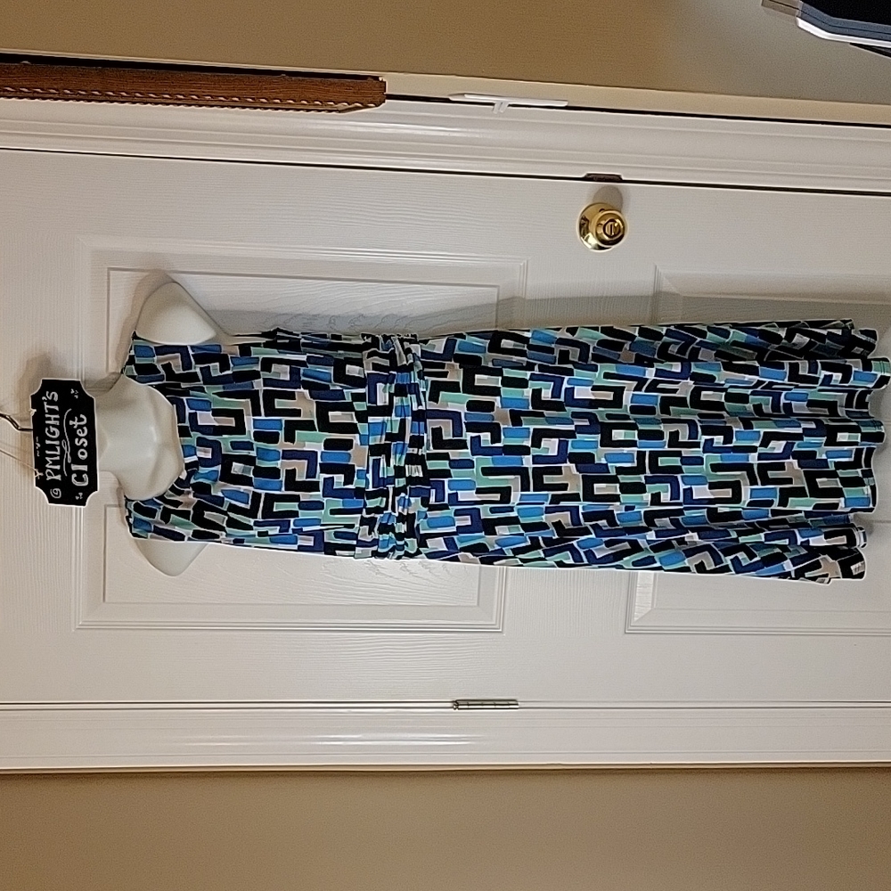 Dress Barn Sleeveless Dress 10 Geometric Pattern Black Blue Green Tan